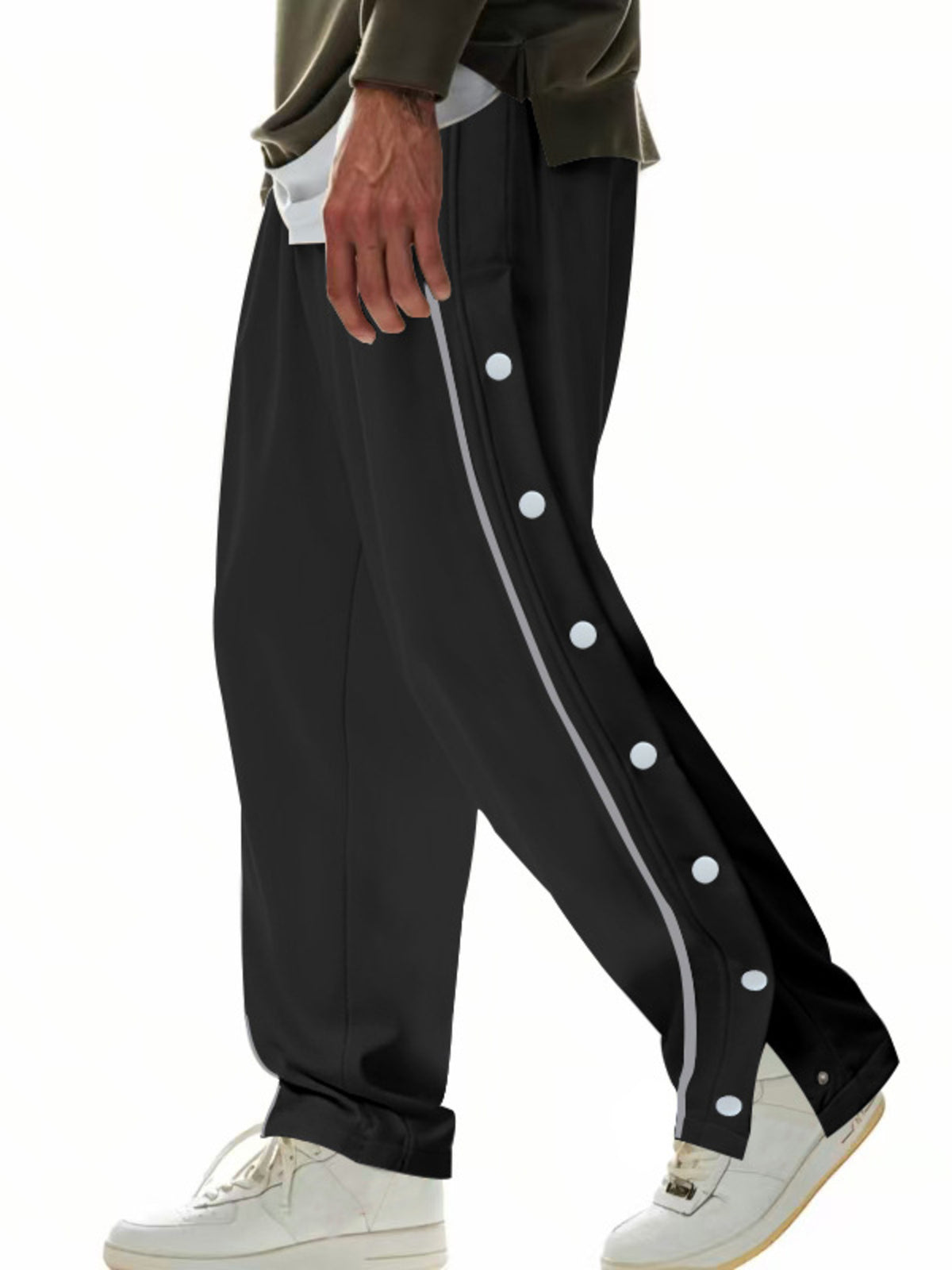 Men's Full Size Loose Fit Side Snap Button Track Pants Plus Size in Black