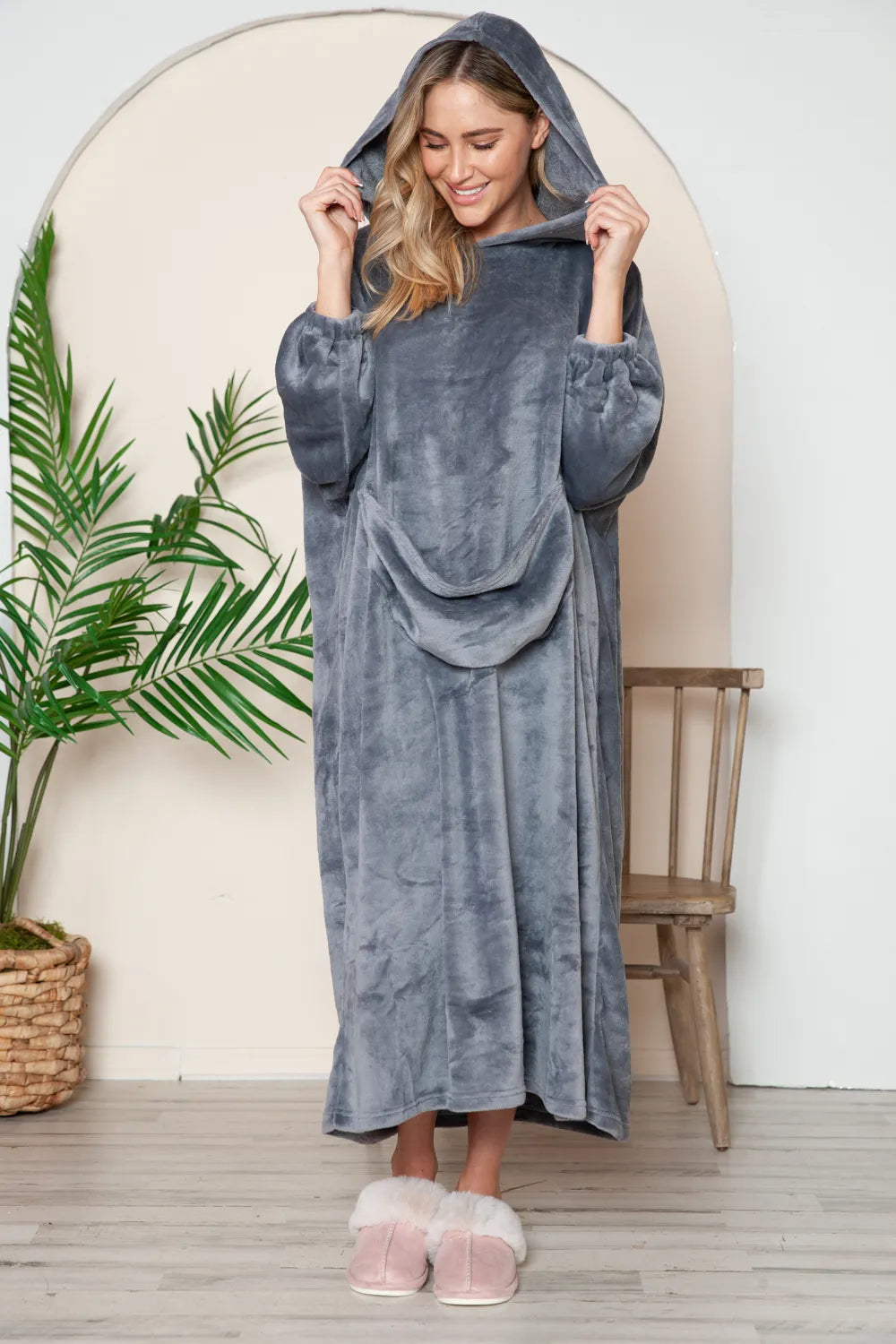 Double Take Full Size Pocketed Hooded Midi Lounge Dress - Lilixa.store