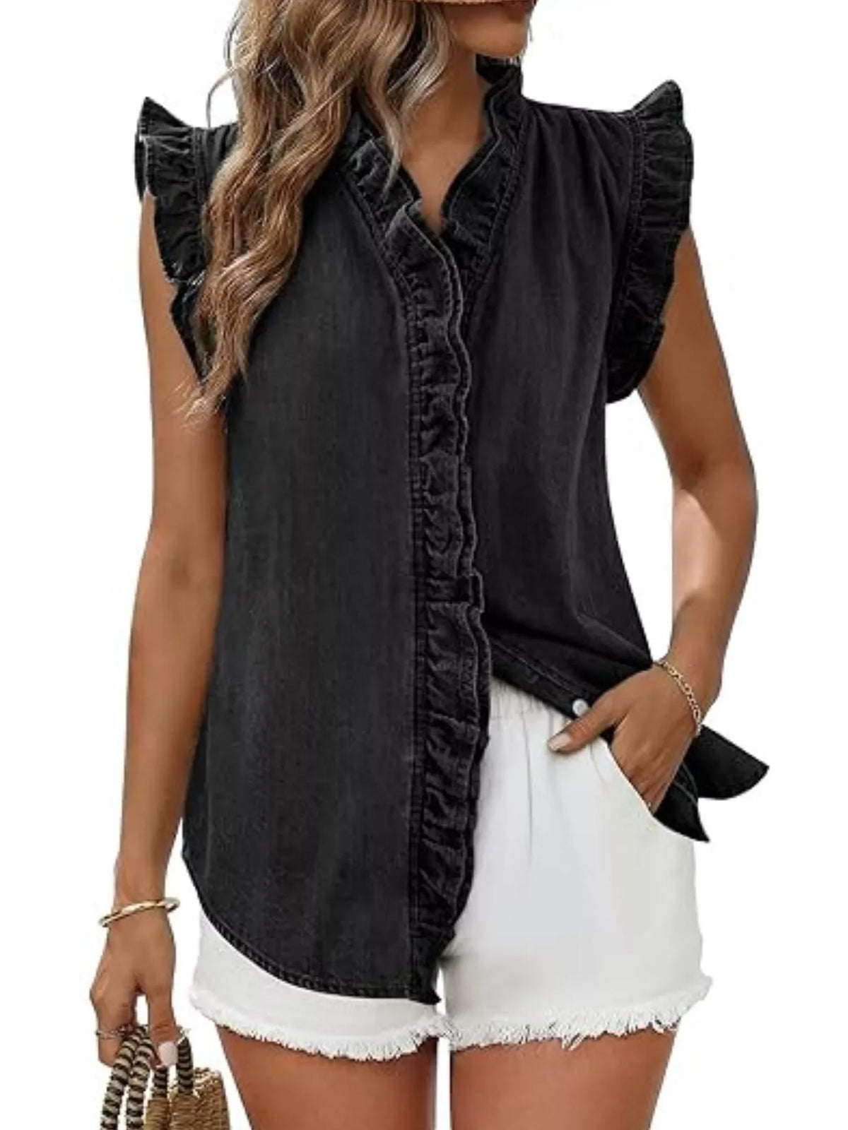 Ruffle Trim V-Neck Sleeveless Denim Top