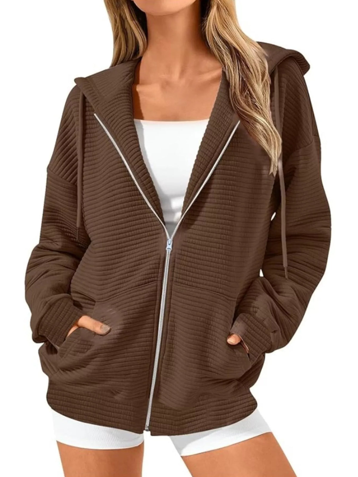 Drawstring Zip Up Dropped Shoulder Hoodie - Lilixa.store