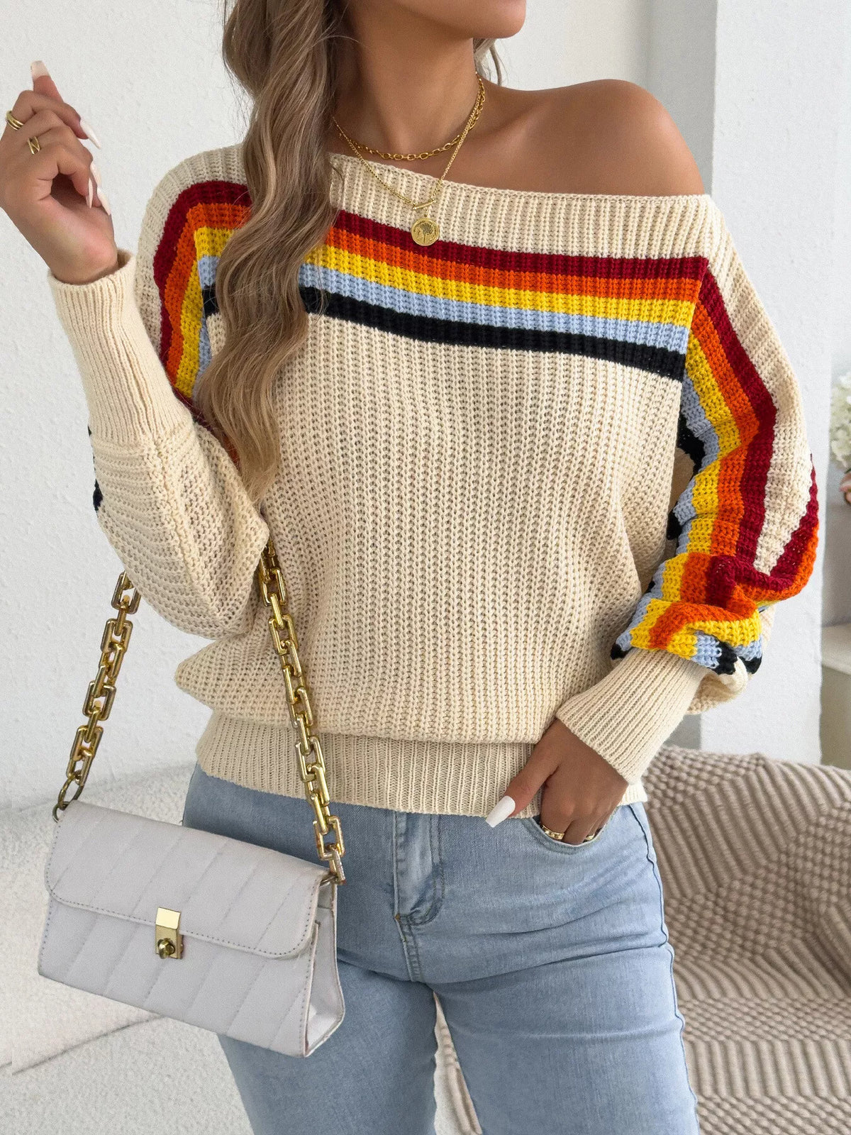 Striped Knit Boat Neck Sweater