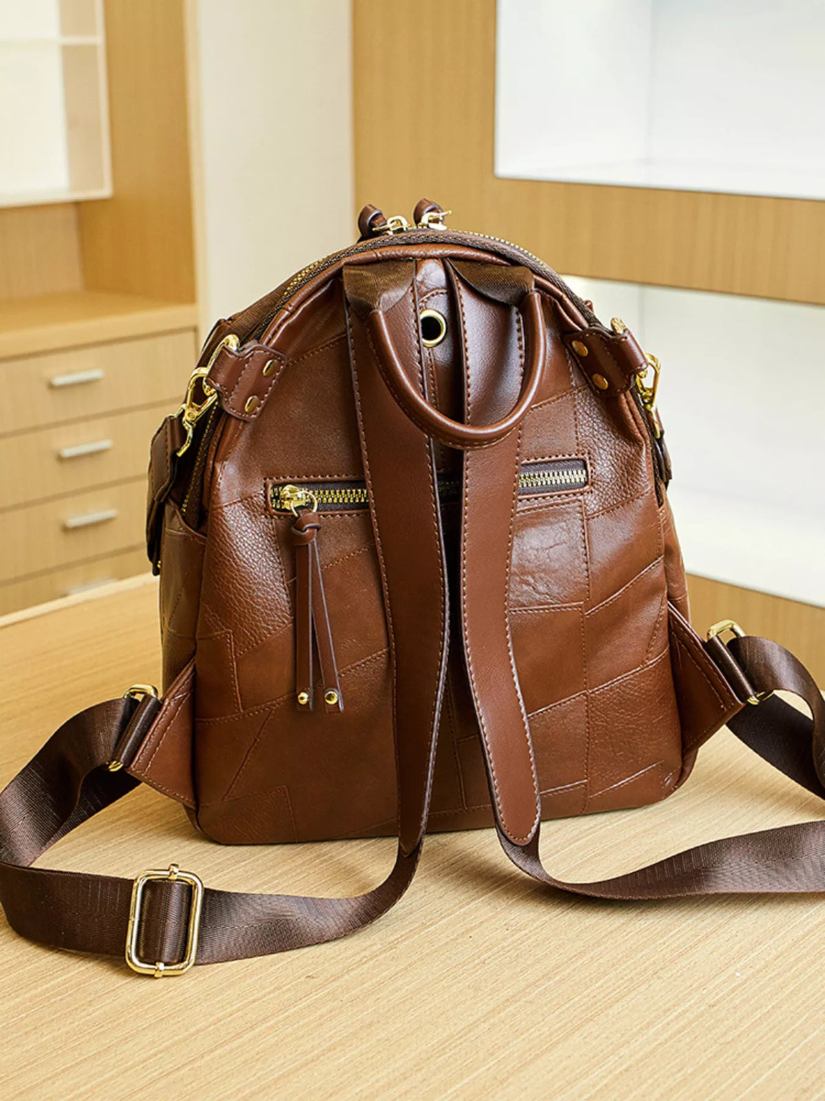 Patchwork Leather Convertible Backpack Bag in Brown, view 7
