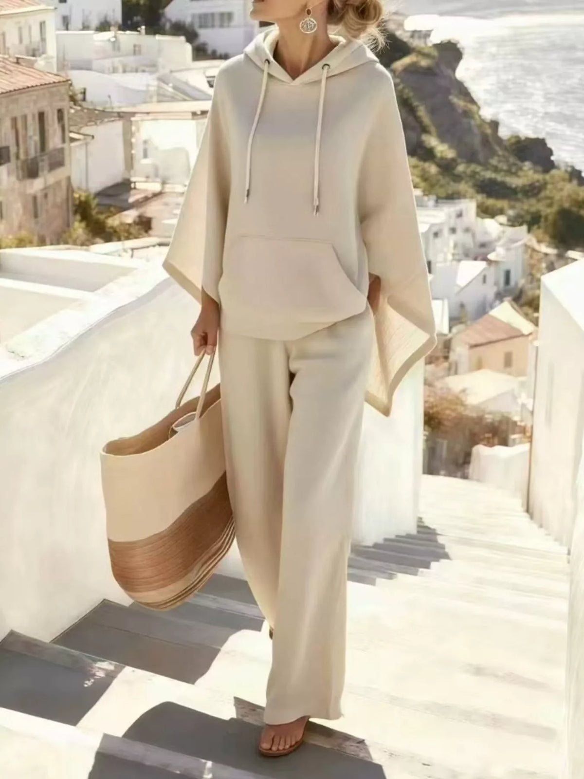Hooded Poncho and Wide-Leg Pants Set in Beige