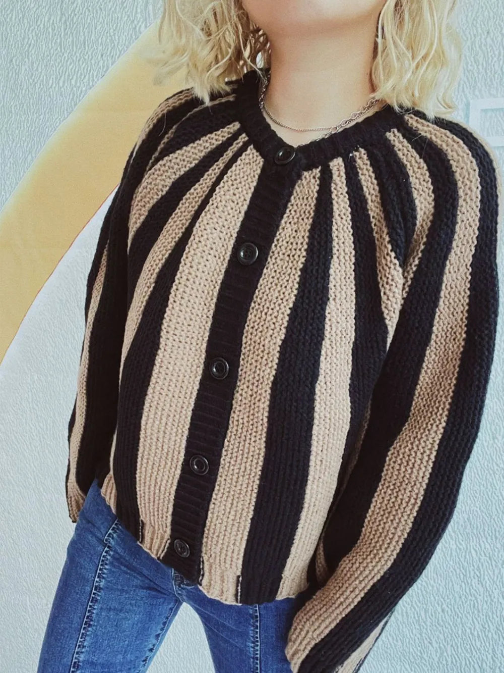 Contrast Stripes Button Down Long Sleeve Cardigan - Lilixa.store