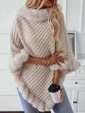 Fuzzy Trim Texture Three-Quarter Sleeve Poncho - Lilixa.store