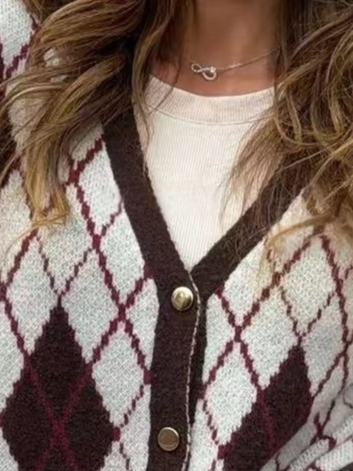 Full Size Argyle Pattern V-Neck Button-Down Knit Cardigan Plus Size - Lilixa.store