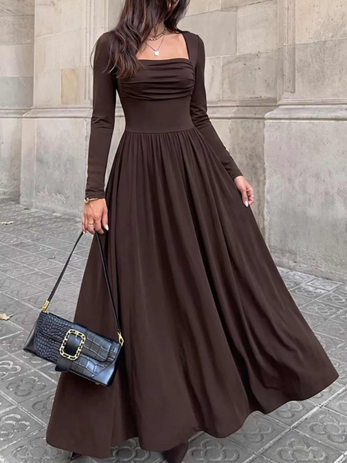 Ruched Square Neck Long Sleeve Maxi Dress