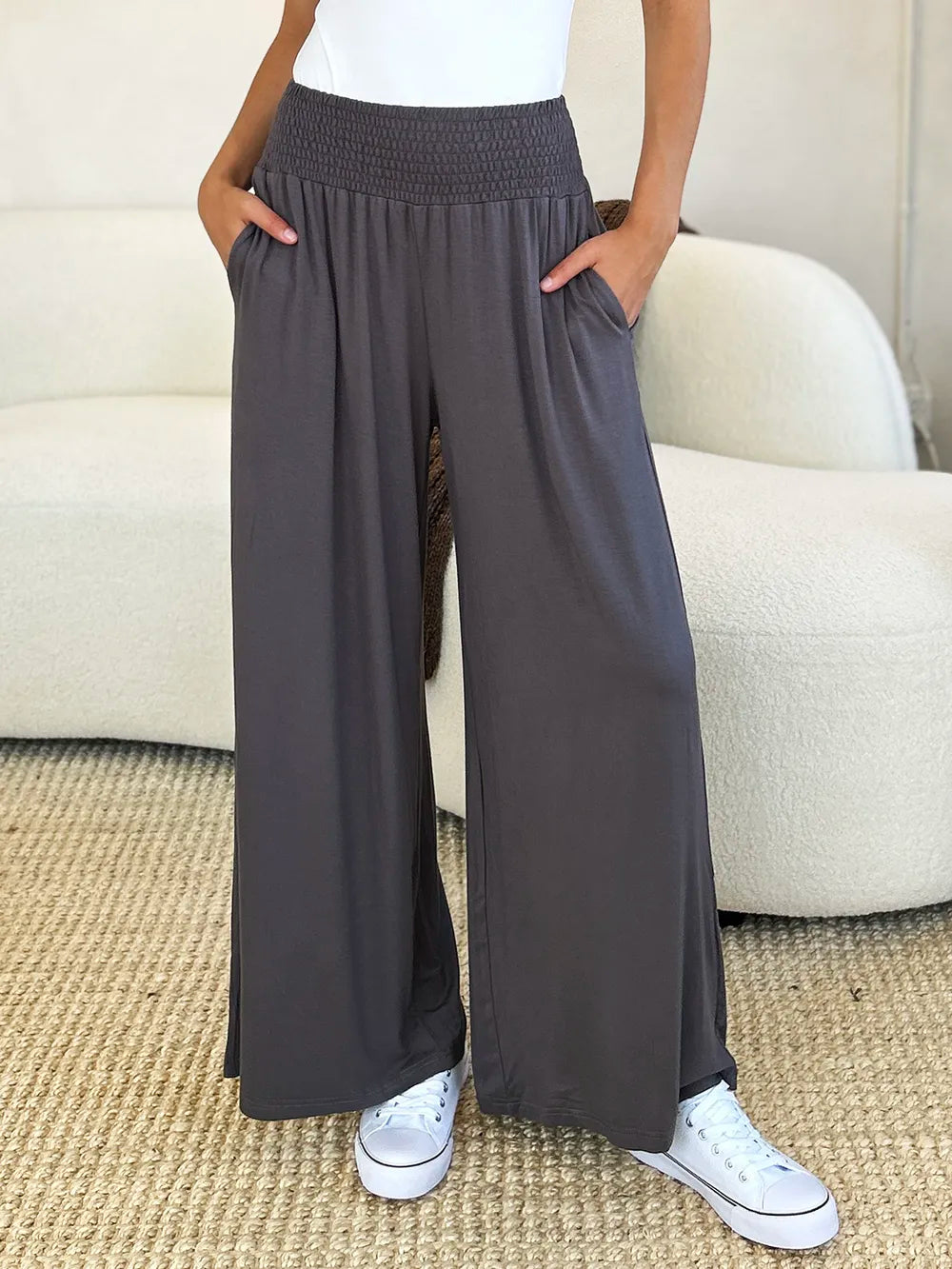 Basic Bae Full Size Smocked Wide Waistband Wide Leg Pants - Lilixa.store