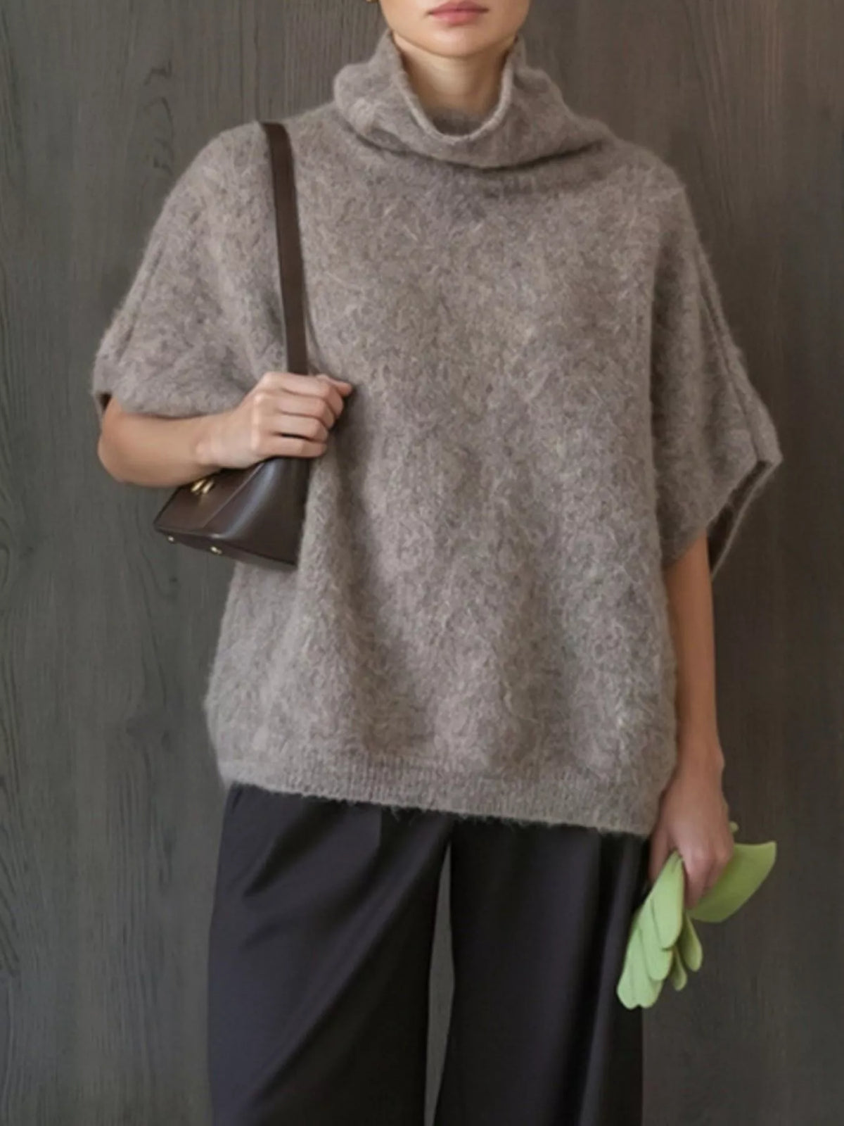 Turtleneck Fuzzy Short Sleeve Sweater, view 9