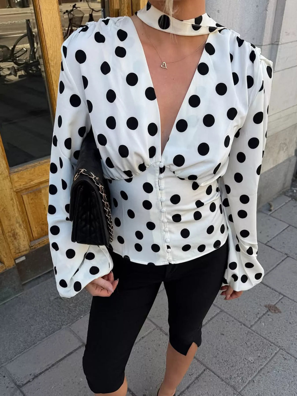 Polka Dot Balloon Sleeve Blouse - Lilixa.store