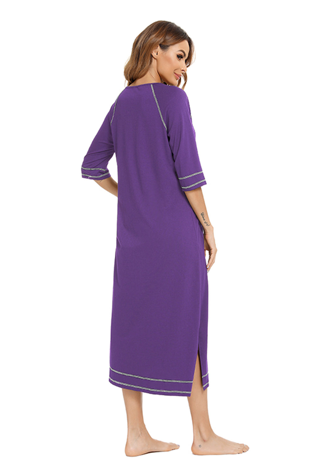 Zip Up Slit Round Neck Night Dress with Pockets - Lilixa.store