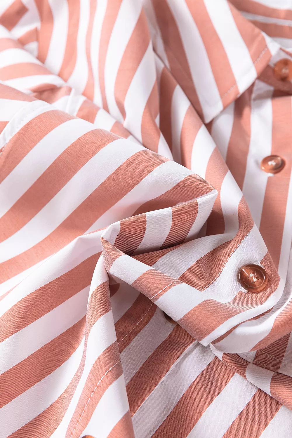 Stripe Collar Button Front Bracelet Sleeve Ruffle Hem Shirt - Lilixa.store