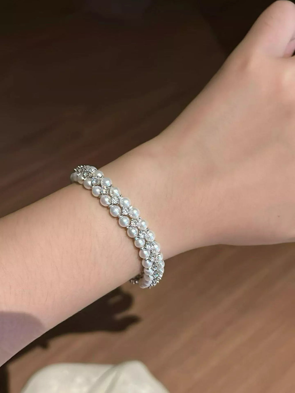 Pearl & Zircon Embellished Bracelet in Silver, view 3