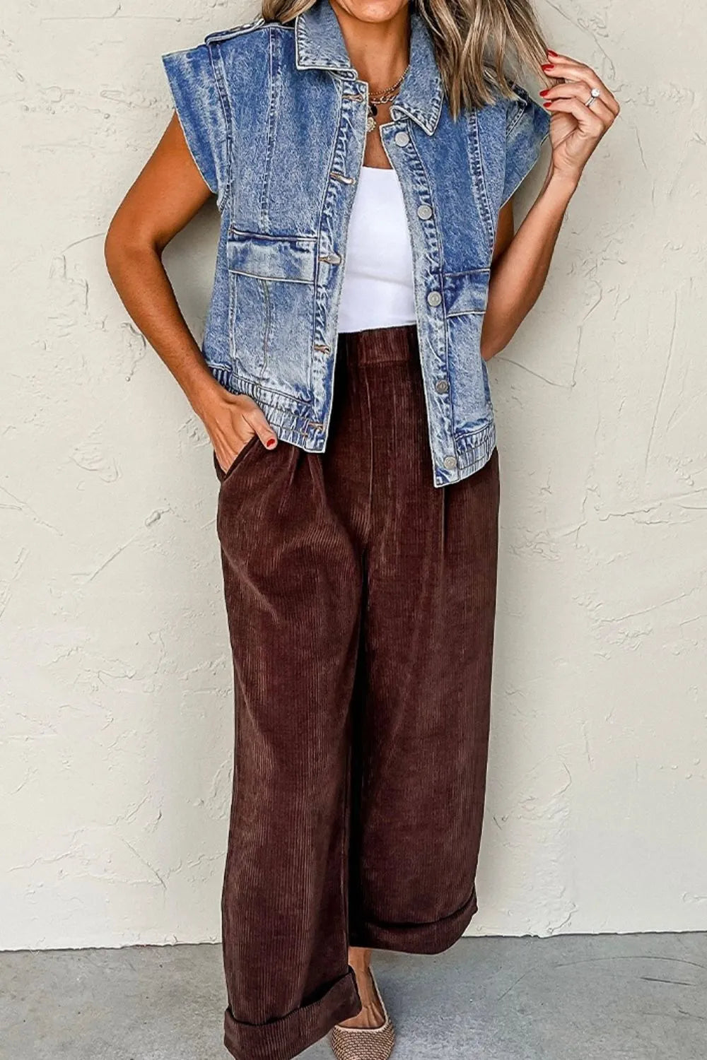 Button Up Cap Sleeve Denim Jacket, view 8