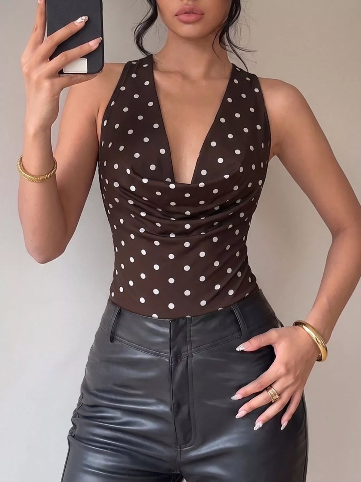 Polka Dot Cowl Neck Bodysuit - Lilixa.store