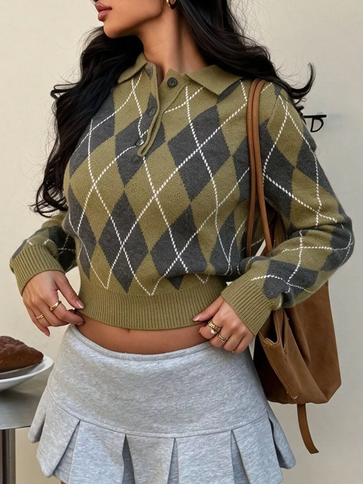 Argyle Pattern Collared Knit Sweater