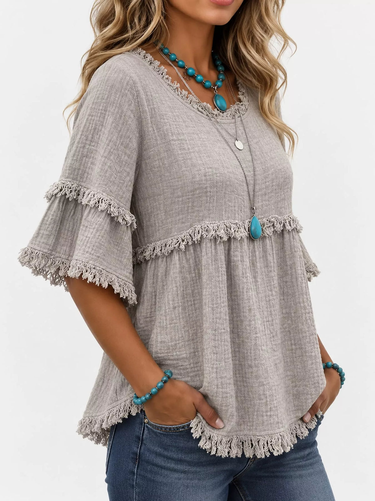 Full Size Frayed Edge Textured Blouse Plus Size, view 33