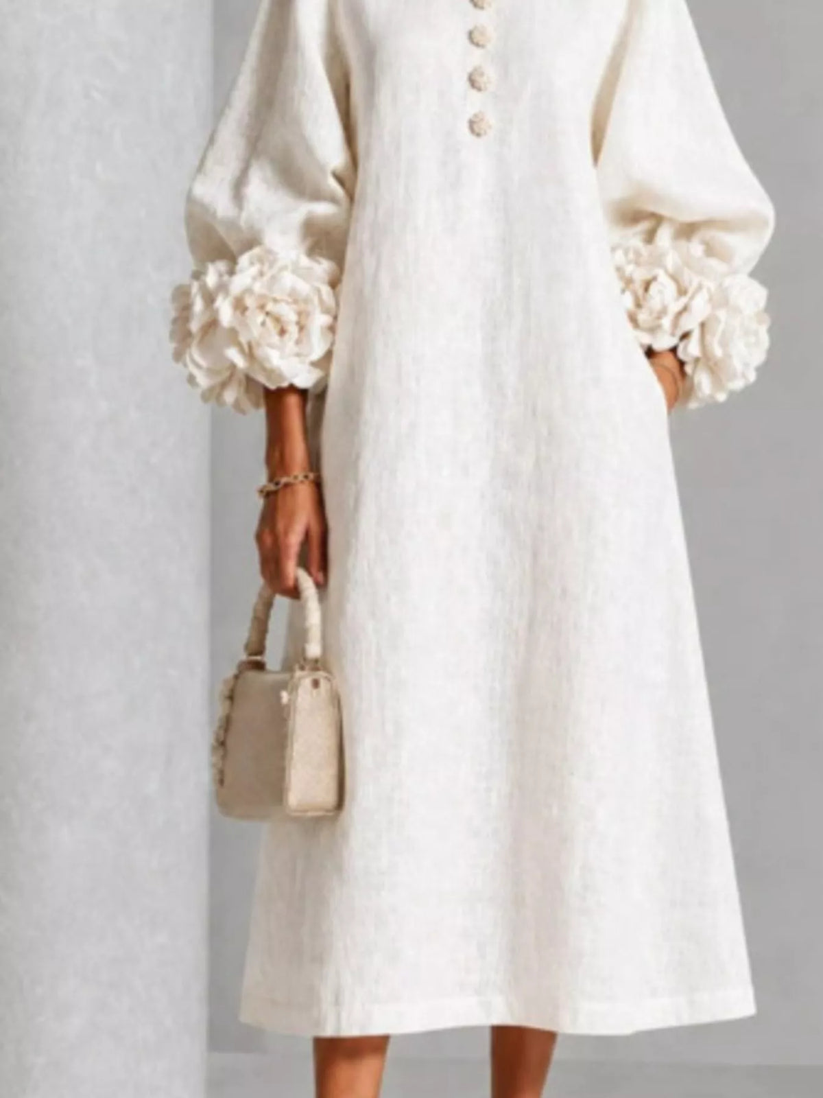 3D Floral Round Neck Midi Dress