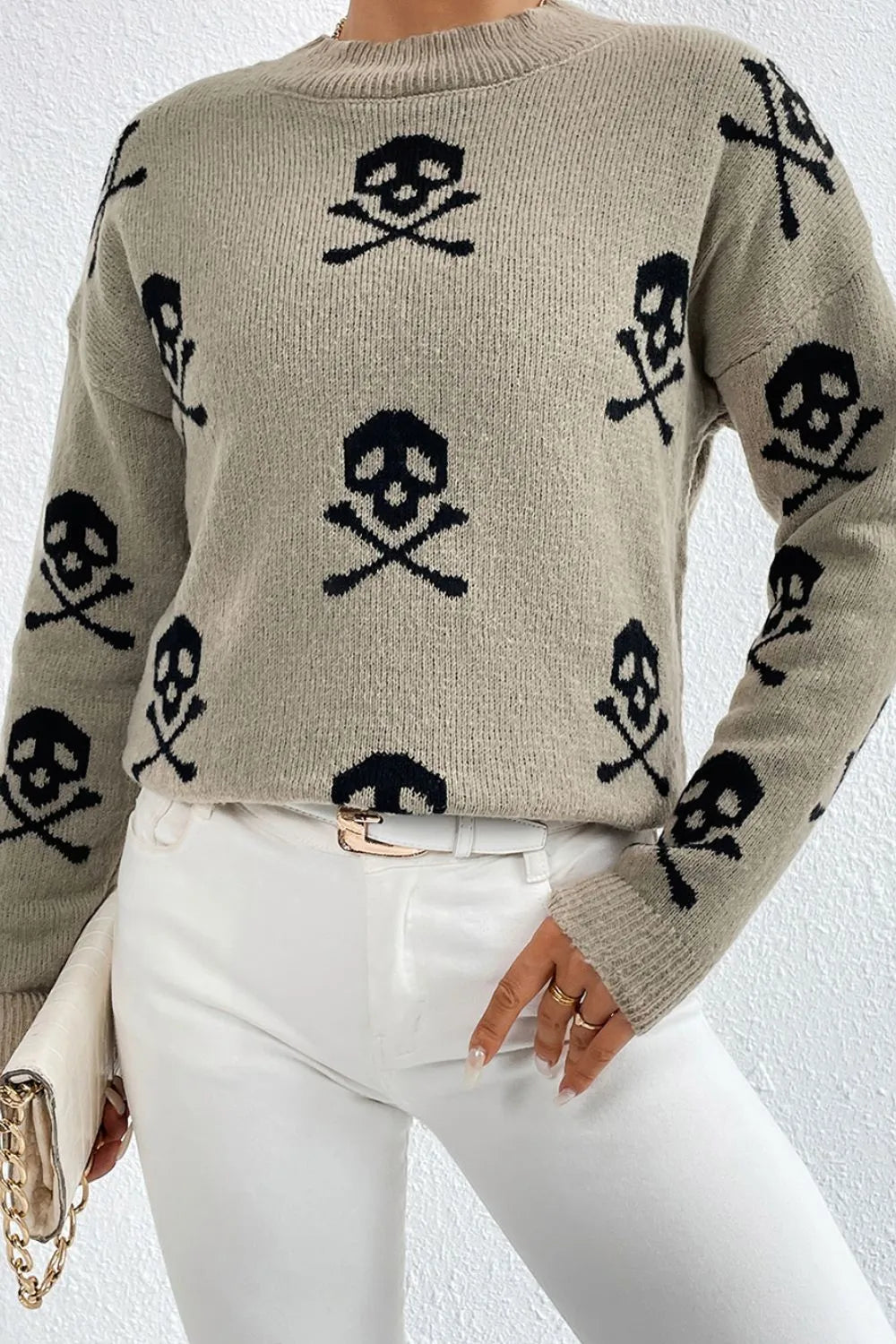 Graphic Mock Neck Dropped Shoulder Sweater - Lilixa.store