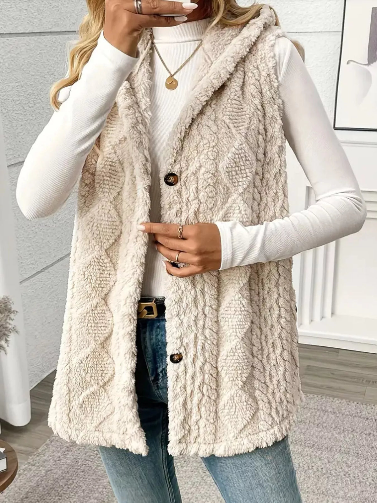Button-Down Sherpa Hooded Vest Coat - Lilixa.store