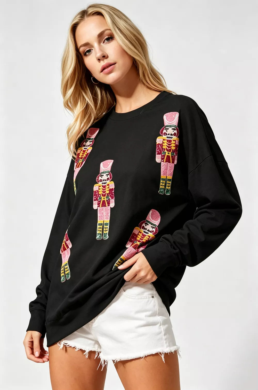 Double Take Oversized Sequin Nutcracker Long Sleeve Crewneck Sweatshirt - Lilixa.store
