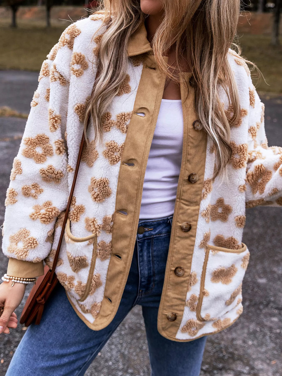 Flower Pattern Button Up Fleece Jacket - Lilixa.store