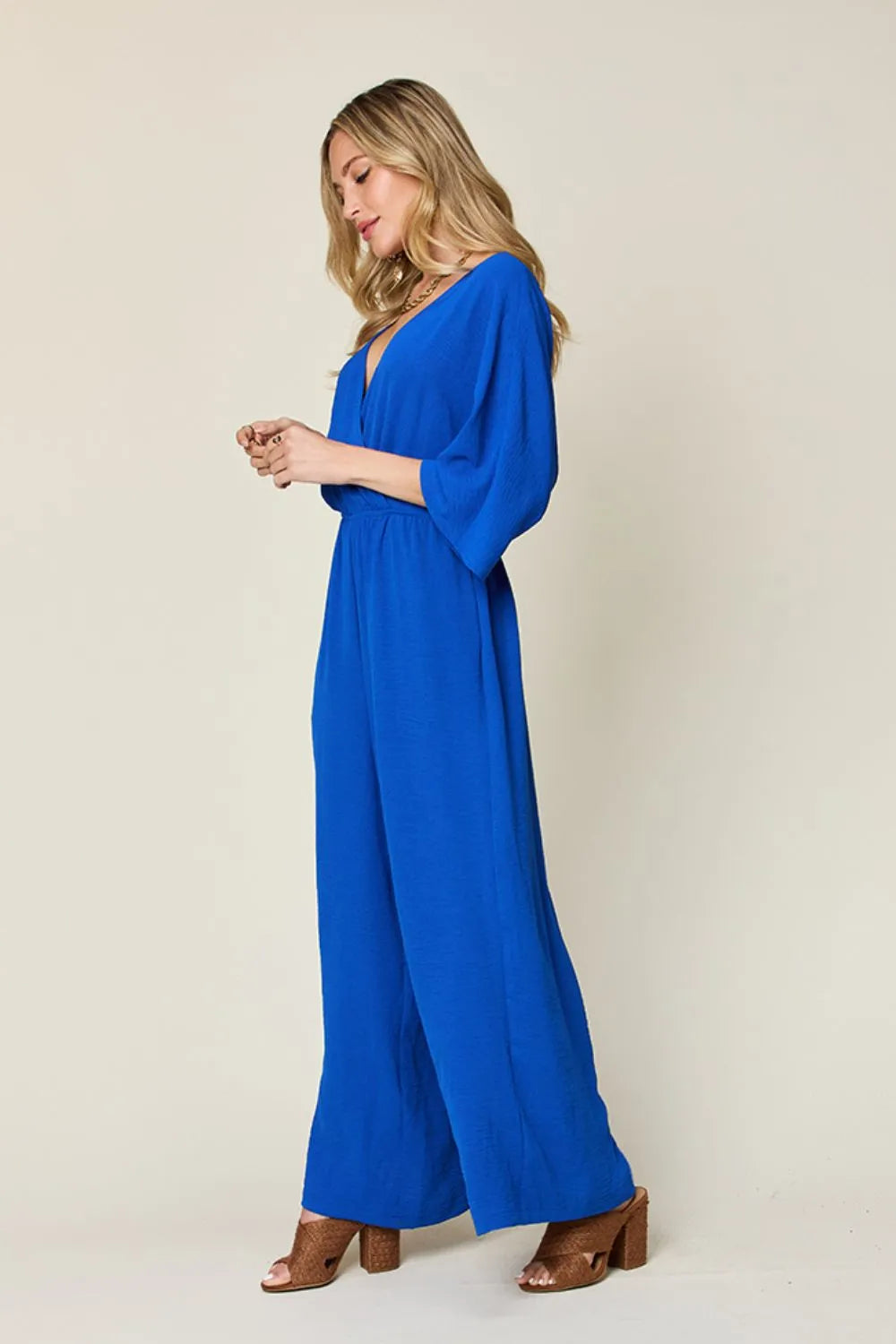 Double Take Full Size Surplice Wide Leg Jumpsuit with Pockets - Lilixa.store