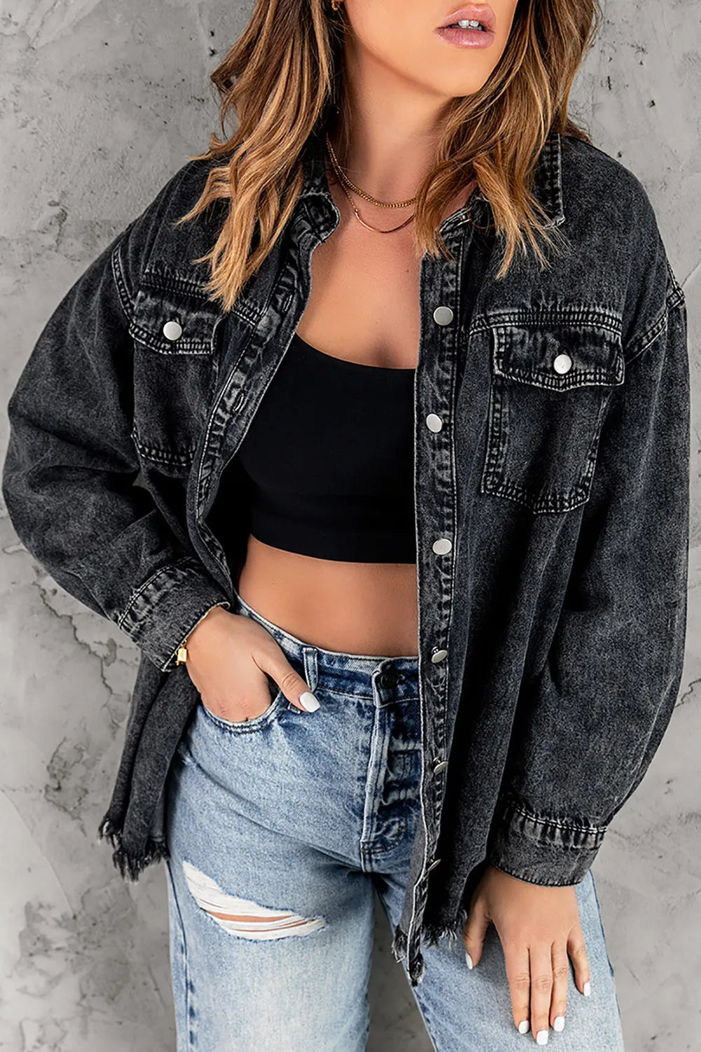 Button Up Pocketed Raw Hem Denim Jacket in Black