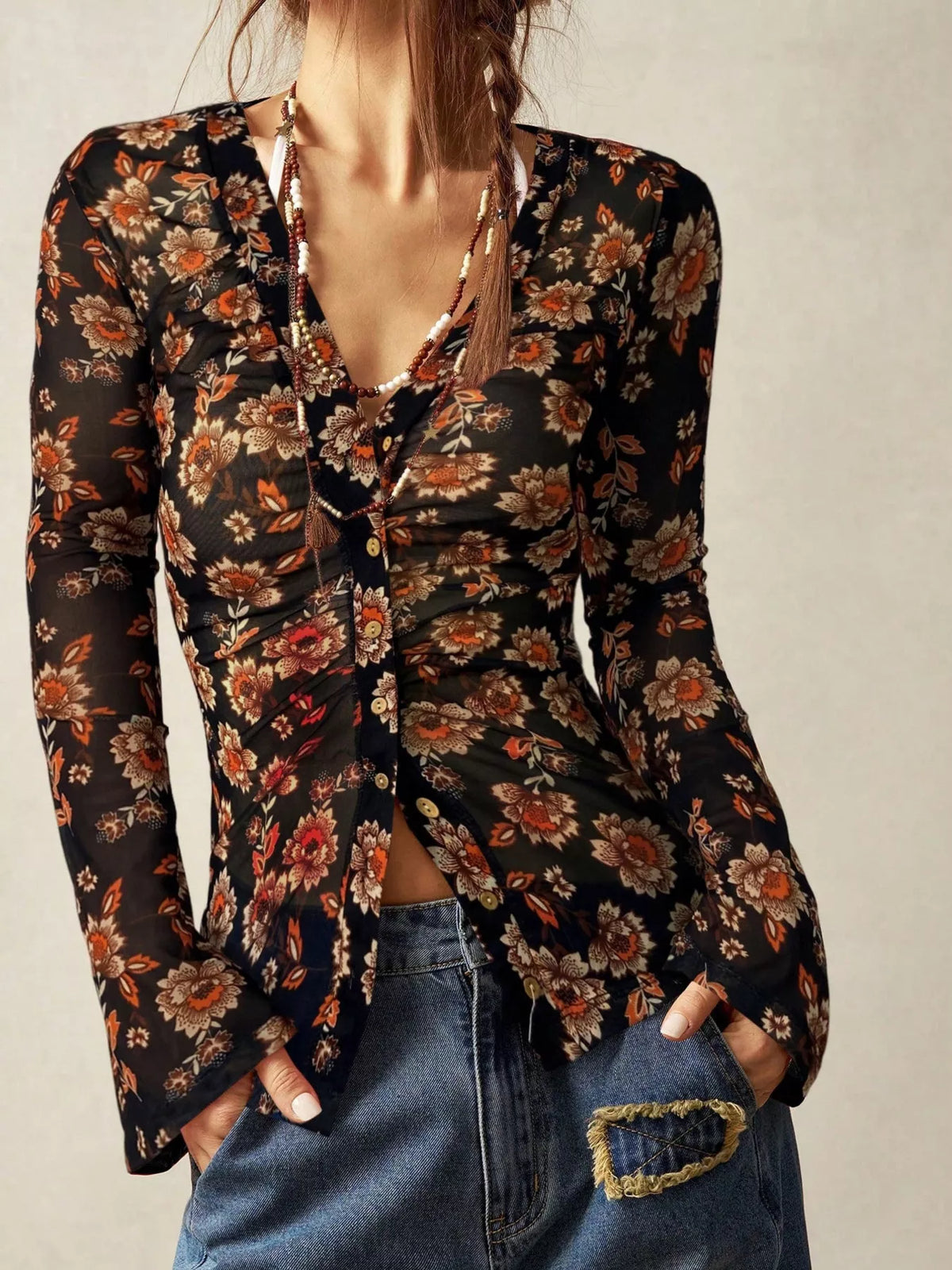Printed Flare Sleeve Button Down Top