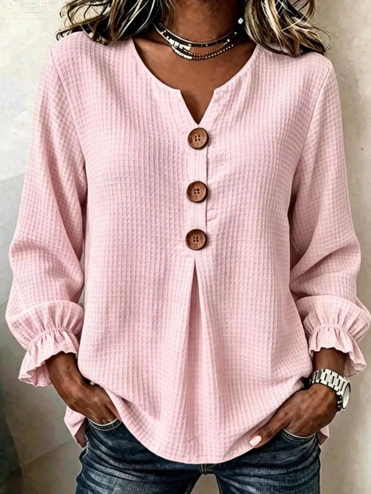 Full Size Waffle Knit Flounce Sleeve Blouse Plus Size in Pink
