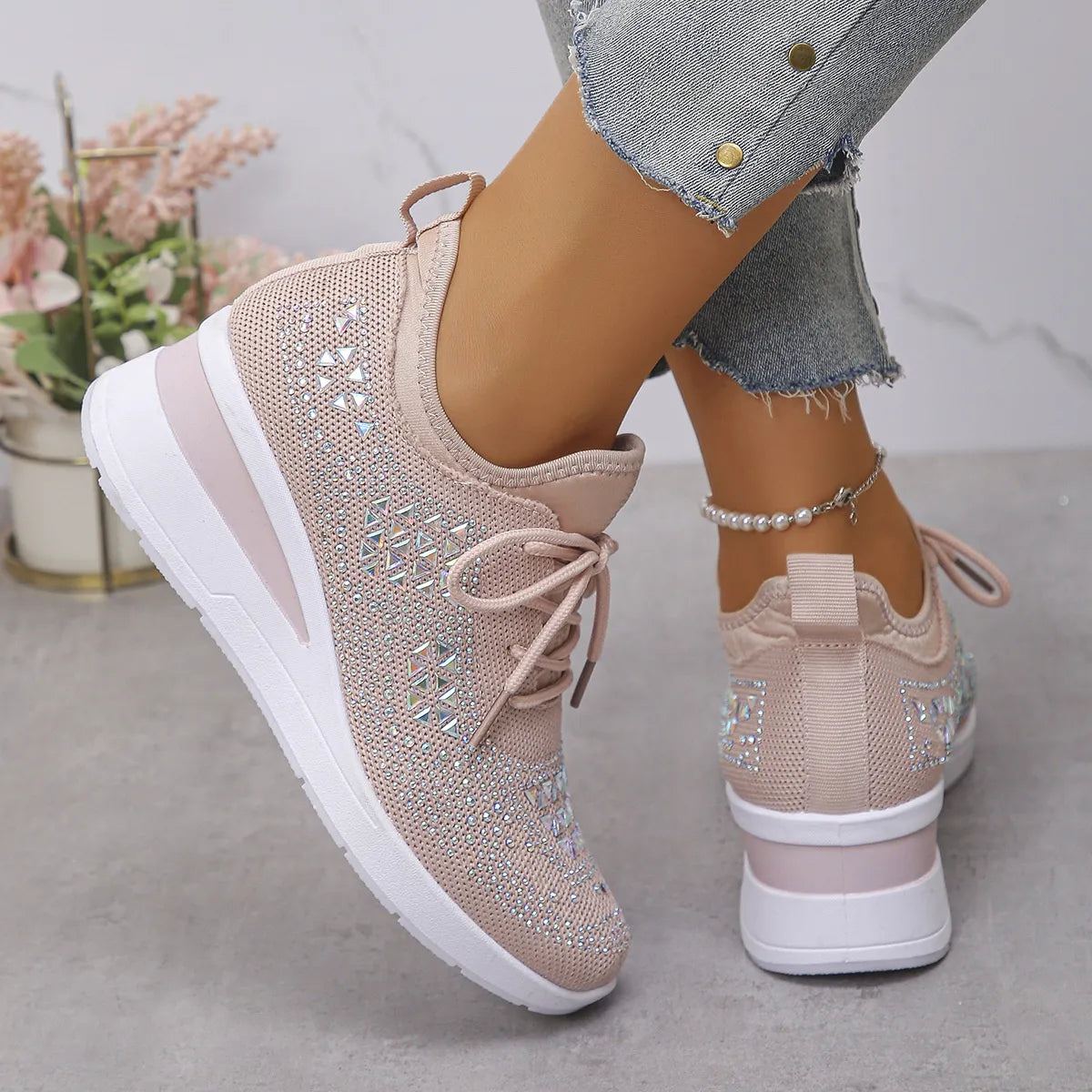 Breathable Mesh Rhinestone Wedge Athletic Sneakers - Lilixa.store