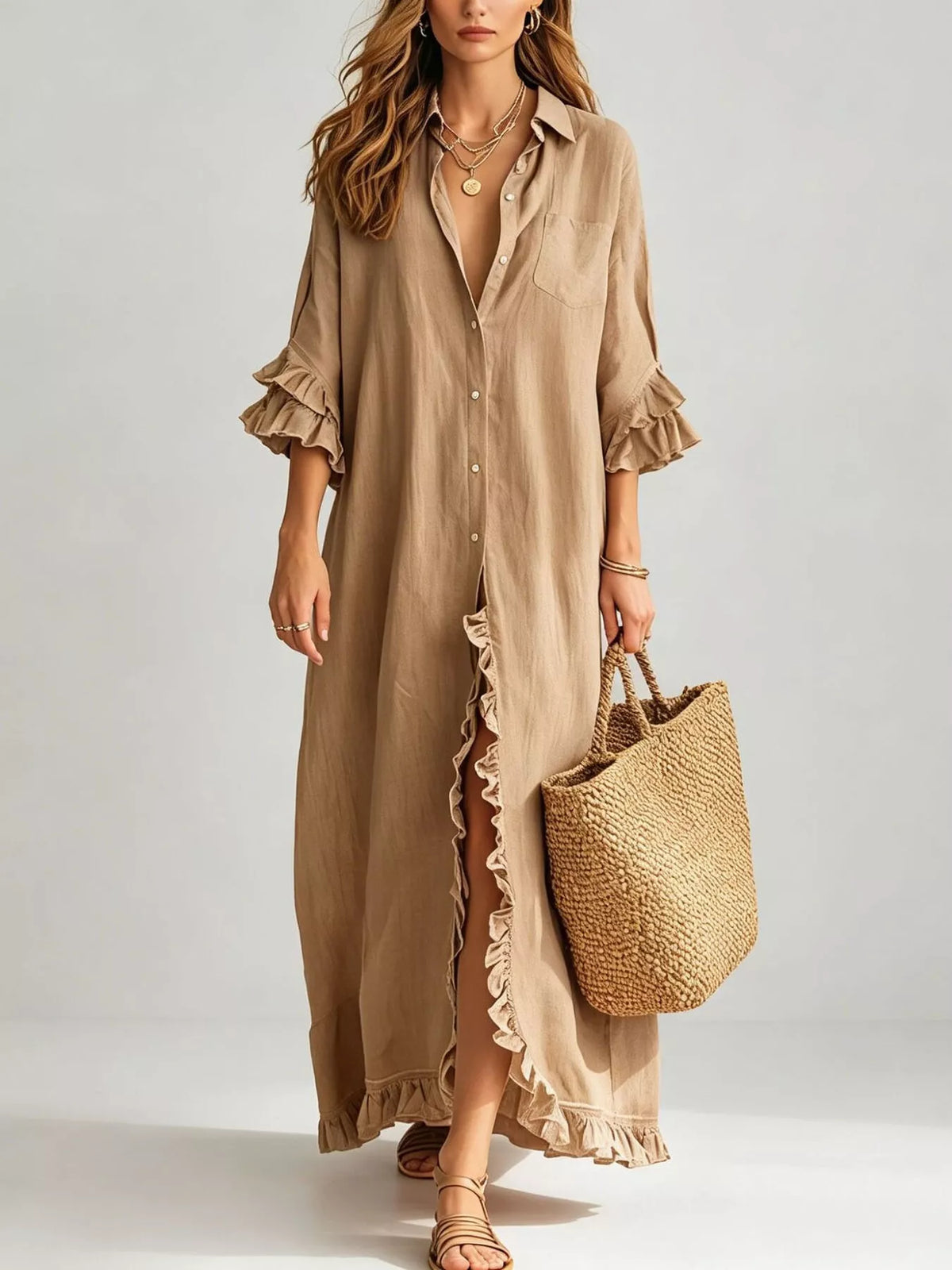 Full Size Ruffled Trim Button-Down Maxi Shirt Dress Plus Size - Lilixa.store