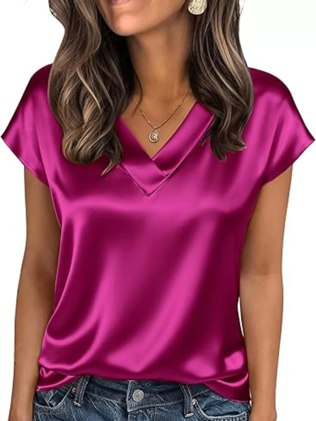 Satin V-Neck Short Sleeve Blouse - Lilixa.store