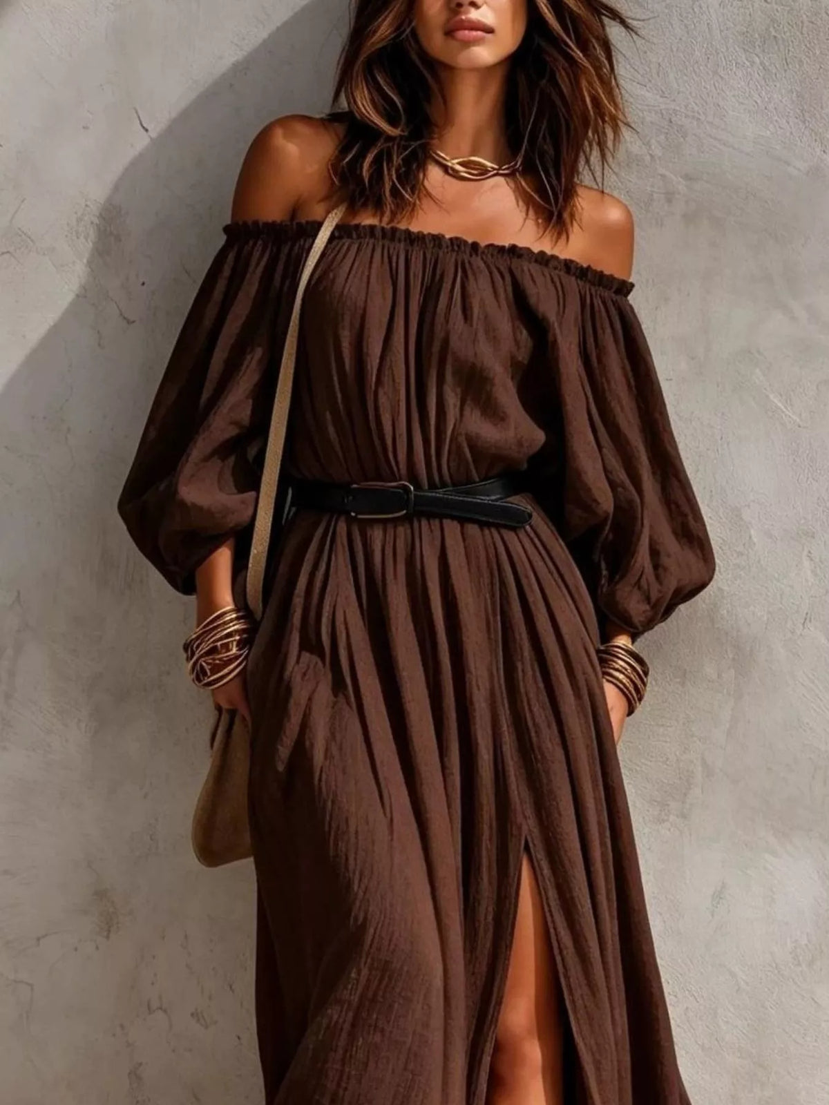 Boho Off-Shoulder Maxi Dress with Side Slit, view 3