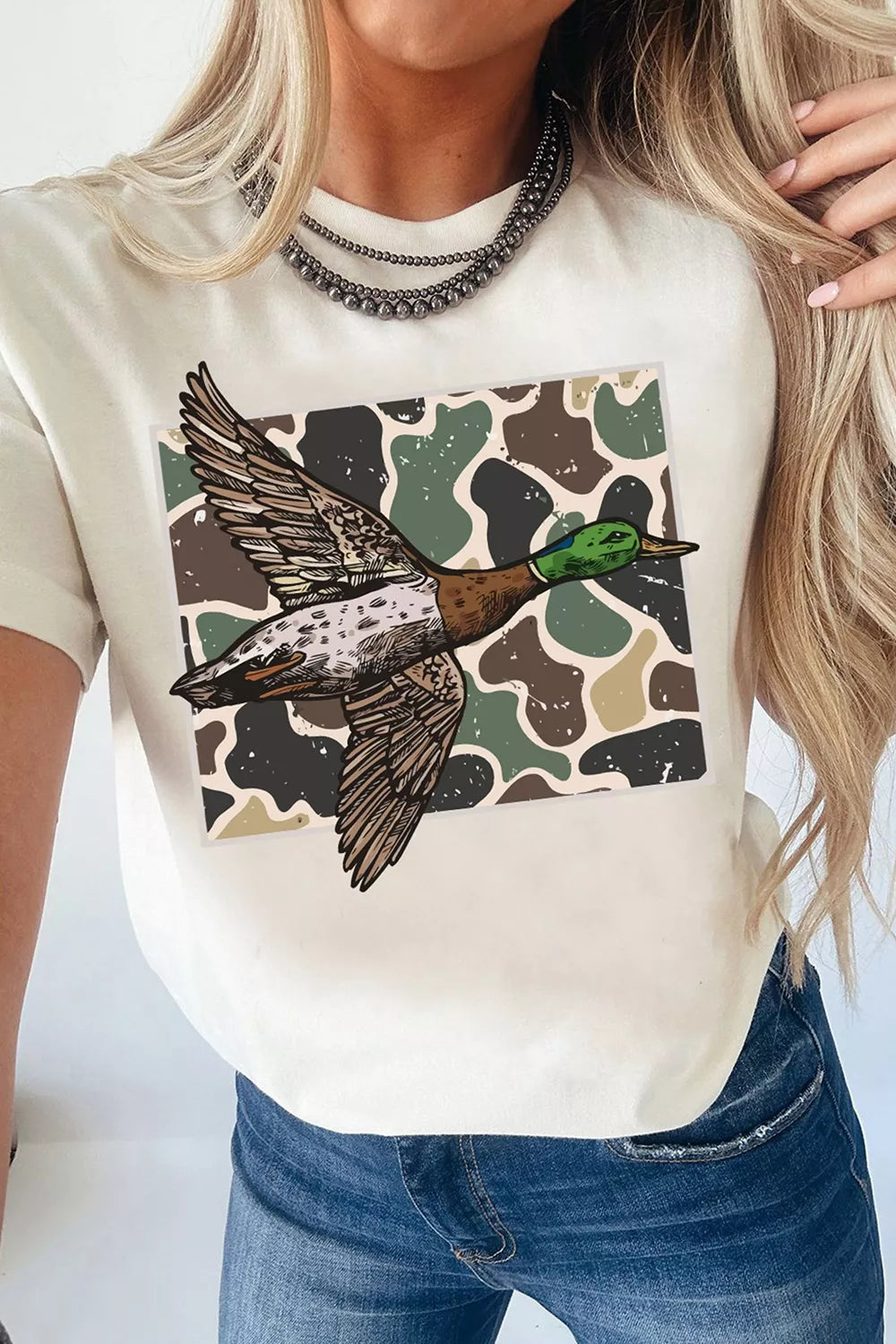 Western Camo Mallard Duck Graphic Casual Short Sleeve T-Shirt