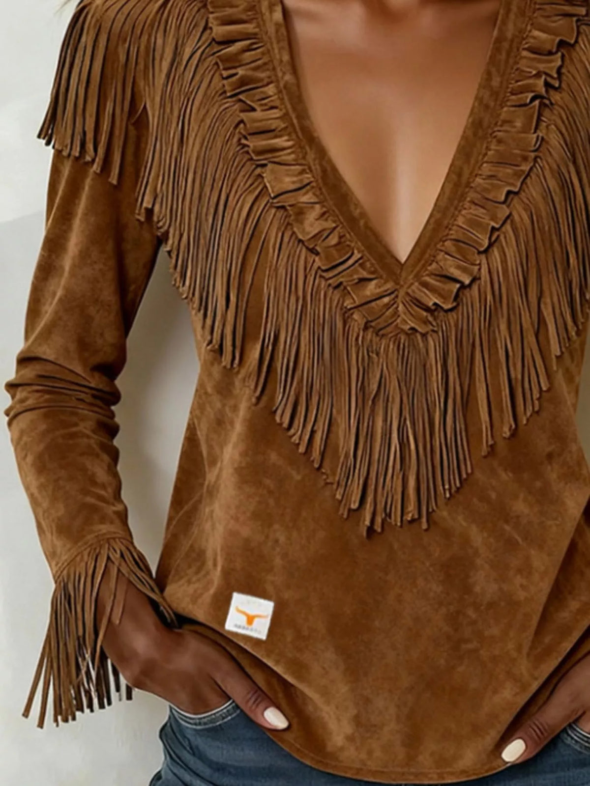 Fringed V-Neck Blouse