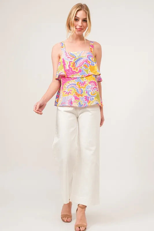 And The Why Square Neck Tiered Paisley Printed Top - Lilixa.store