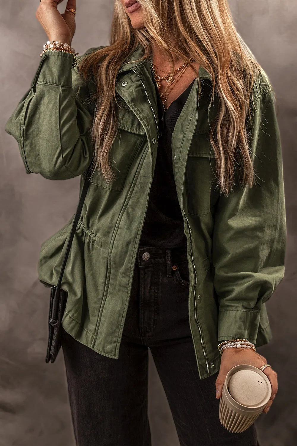 Zip Up Long Sleeve Jacket in Army Green, view 2