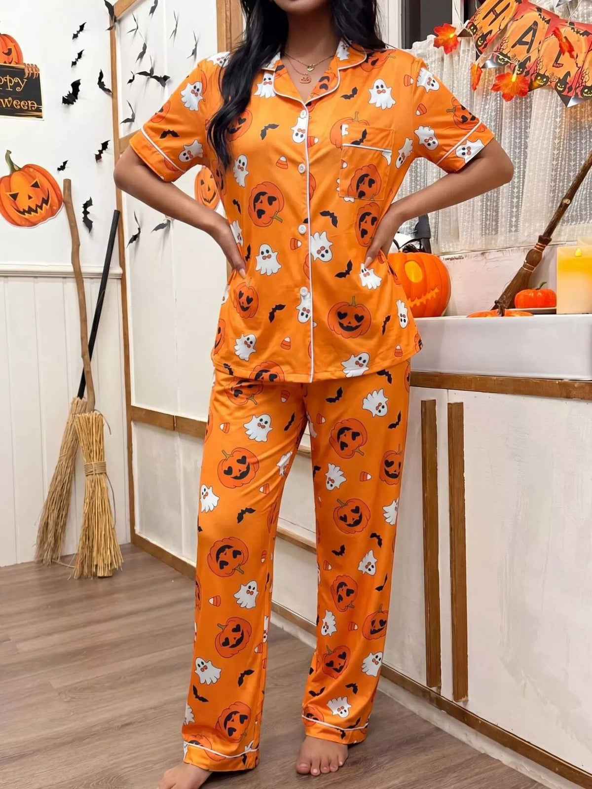 Halloween Pumpkin Print Button-Down Top and Pants Set - Lilixa.store