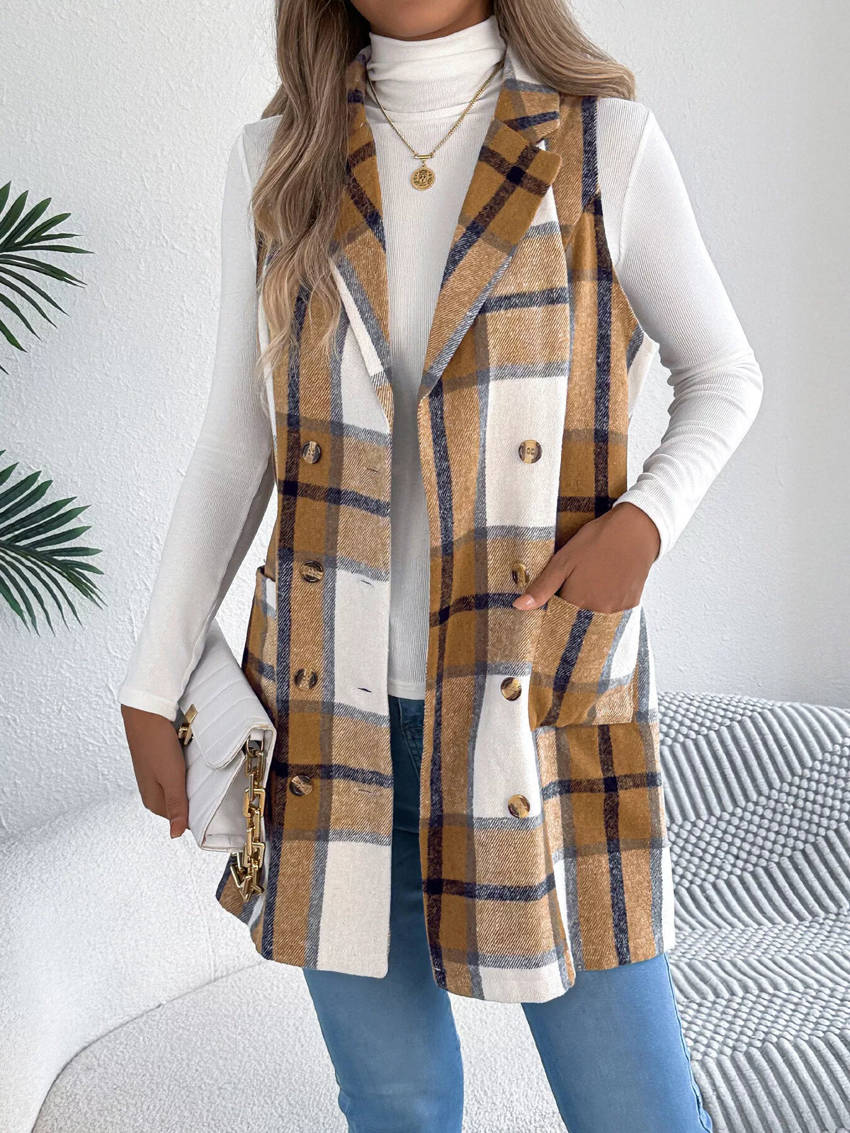 Plaid Double-Breasted Vest Coat - Lilixa.store