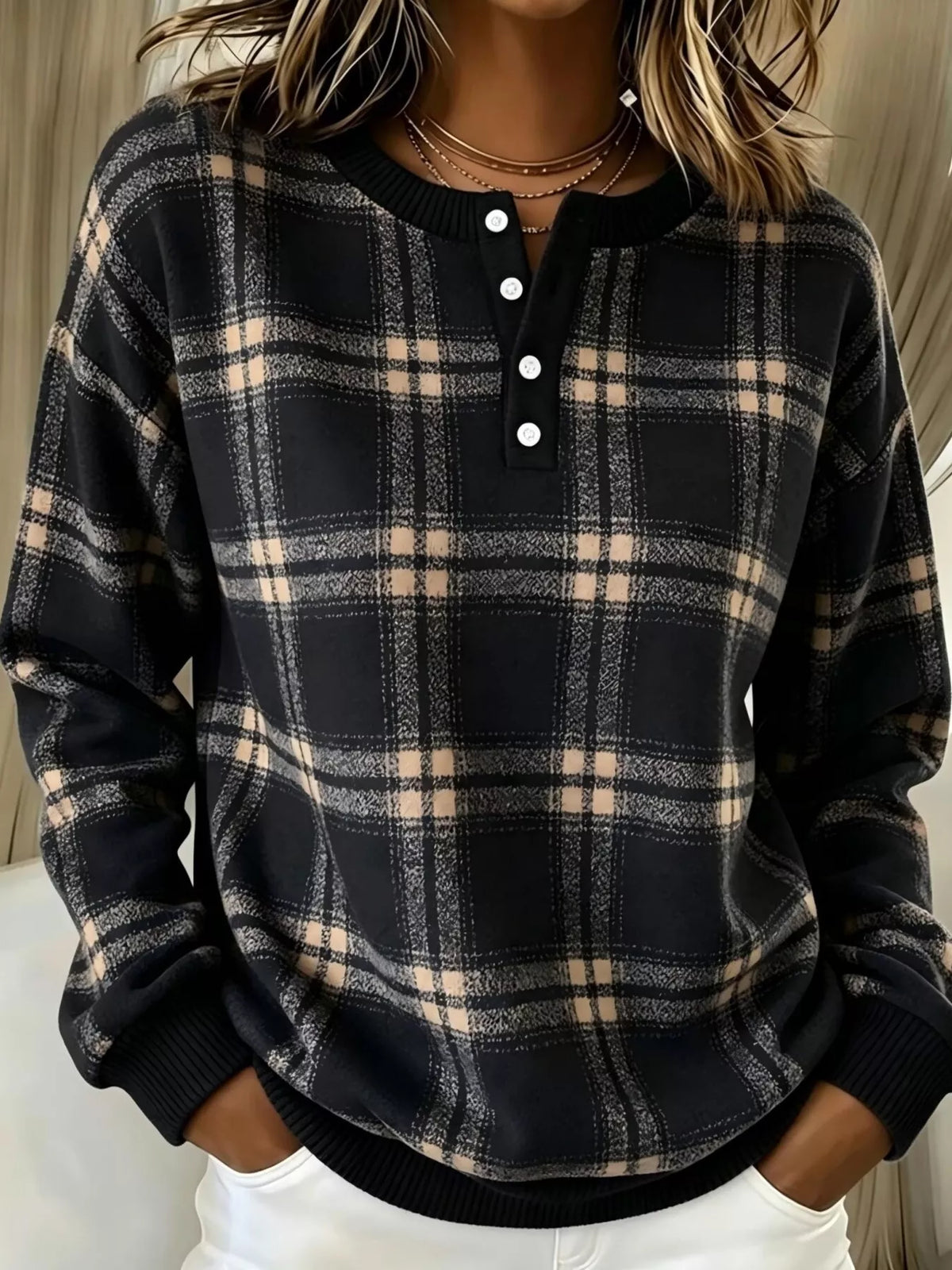 Full Size Plaid Button Detail Long Sleeve Sweatshirt Plus Size - Lilixa.store