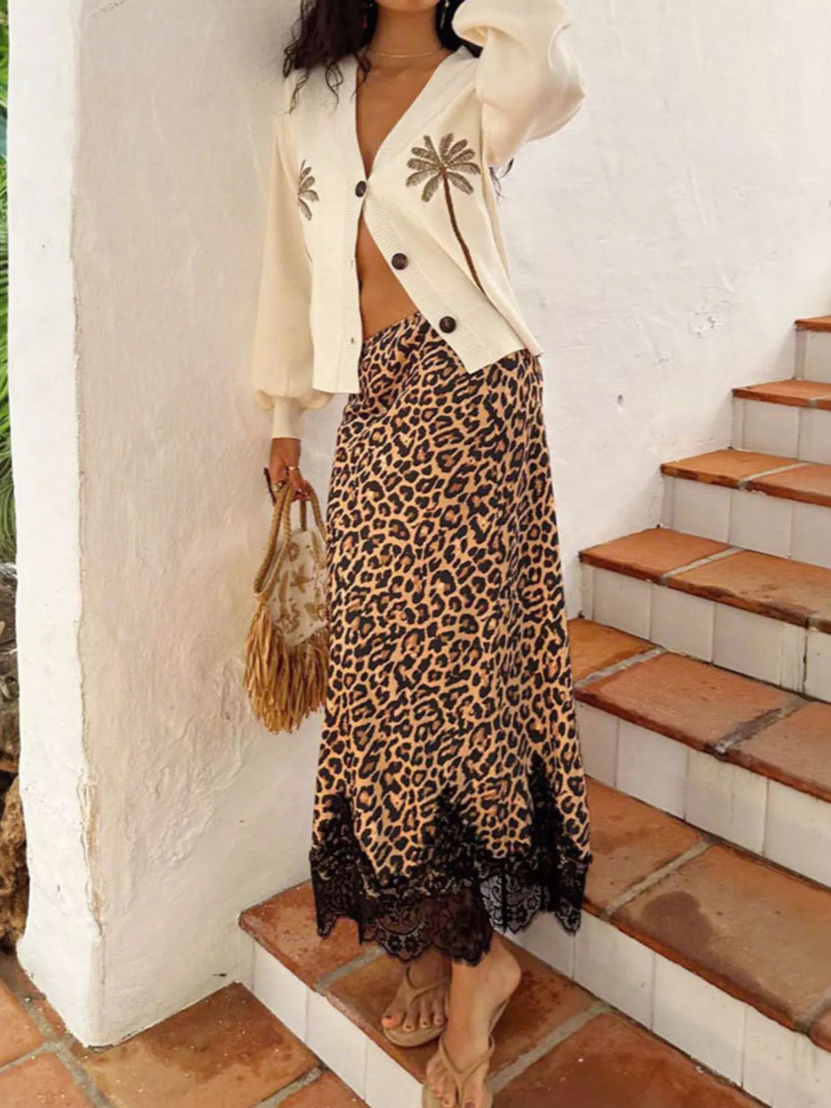 Lace Trim Leopard Maxi Skirt