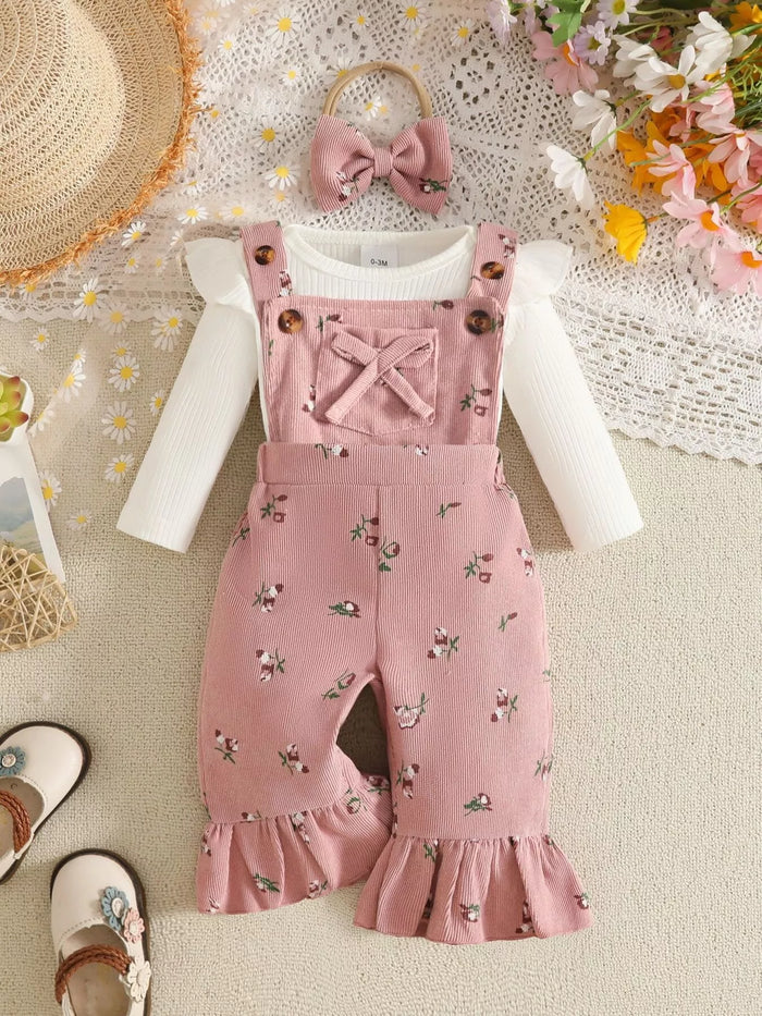 Children's Ribbed Bodysuit and Overalls Set with Headband in Pink