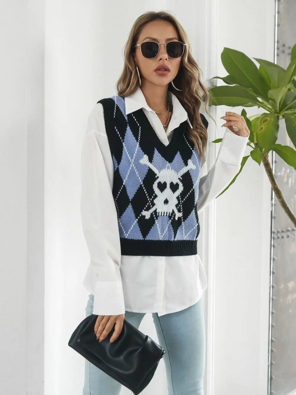 Skull Geometric V-Neck Sweater Vest in Black, view 4
