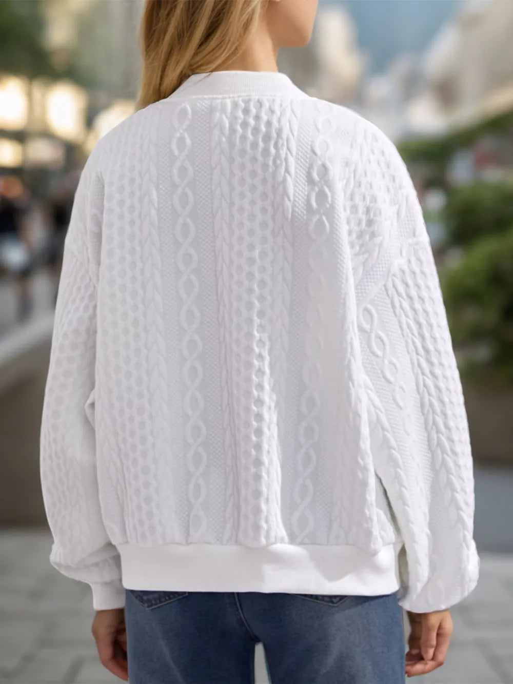 Textured Zip Up Dropped Shoulder Jacket in White, view 2