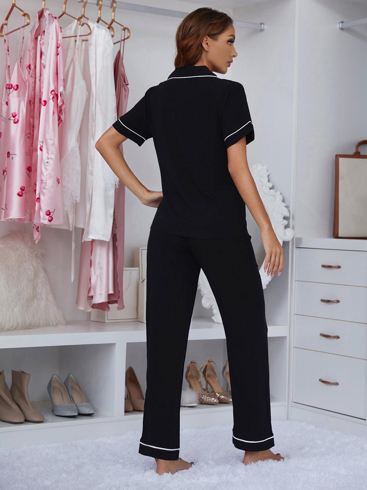 Contrast Piping Lapel Collar Short Sleeve Top and Pants Pajama Set - Lilixa.store