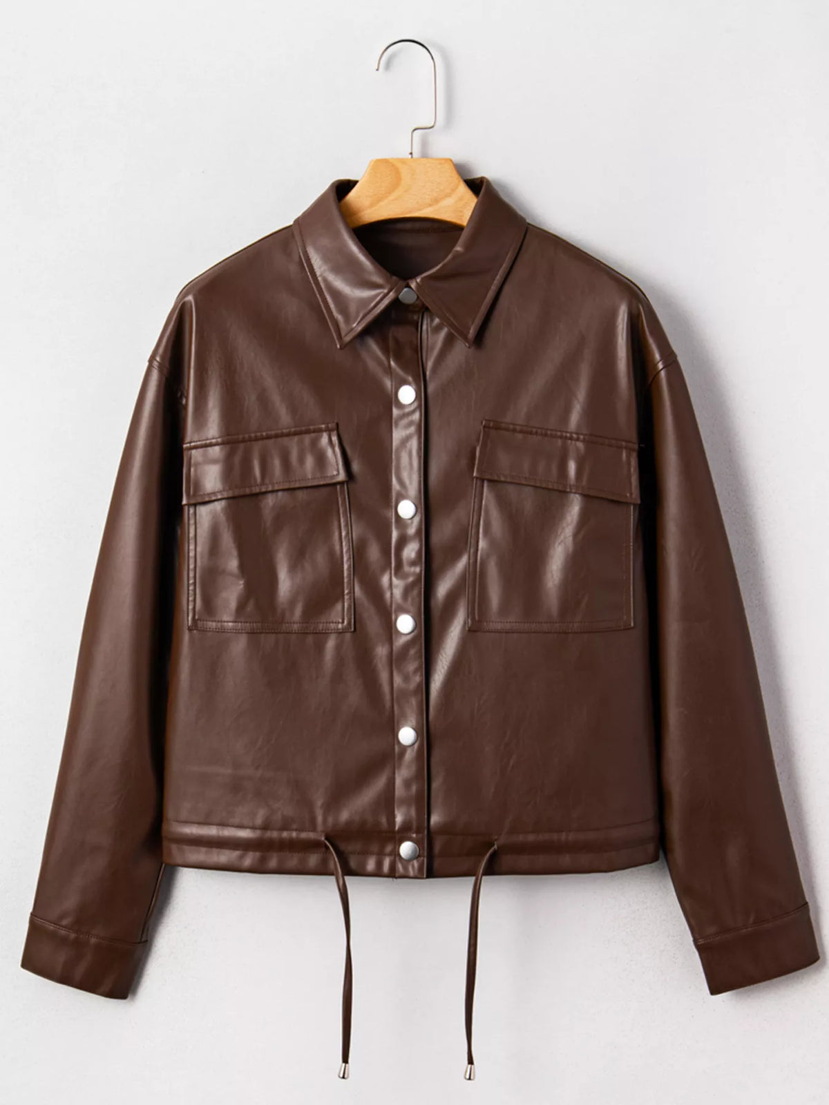 Double Flap Pocket Drawstring Hem Leather Jacket in Dark Brown, view 9