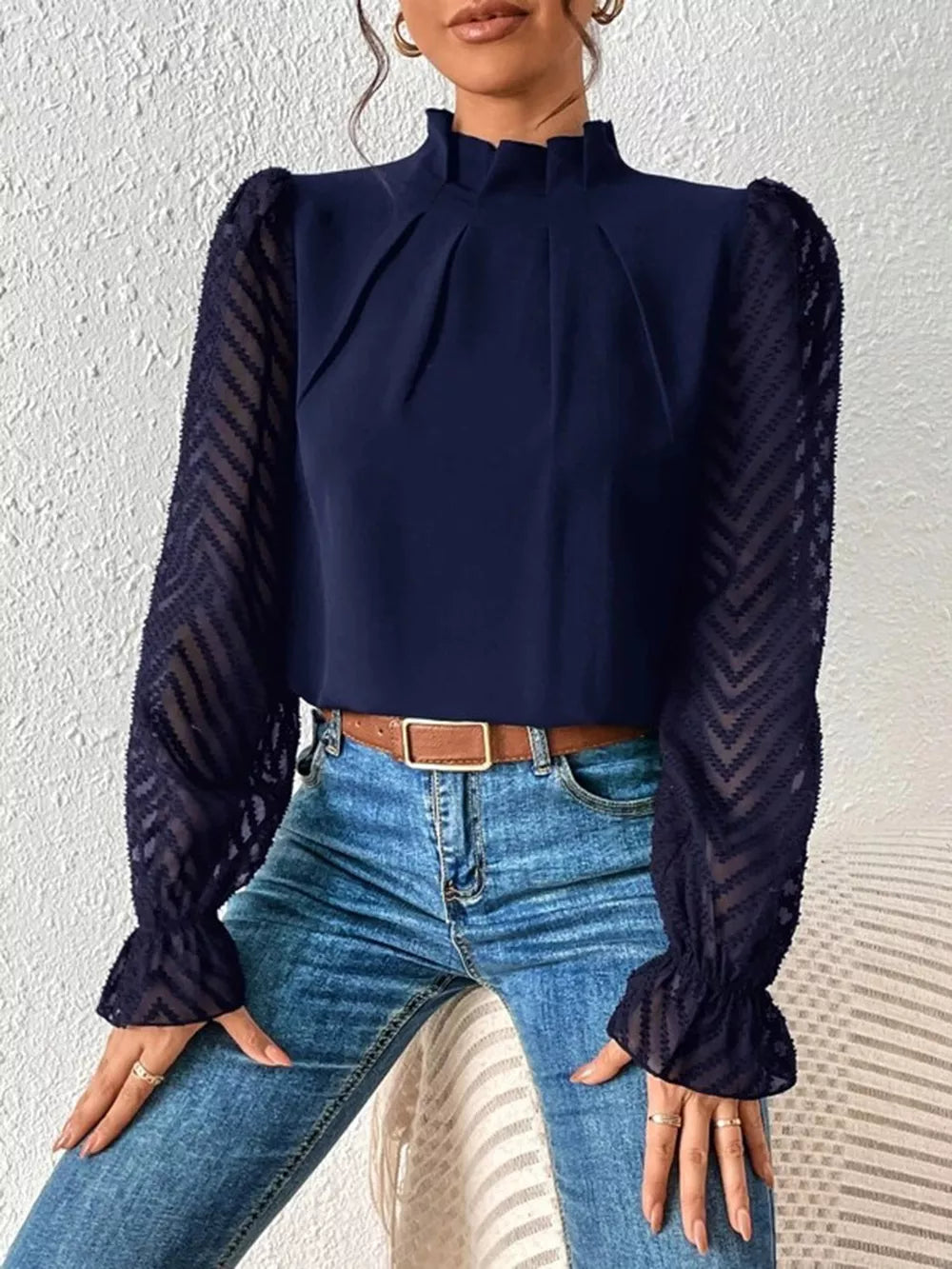 Mock Neck Flounce Sleeve Blouse - Lilixa.store
