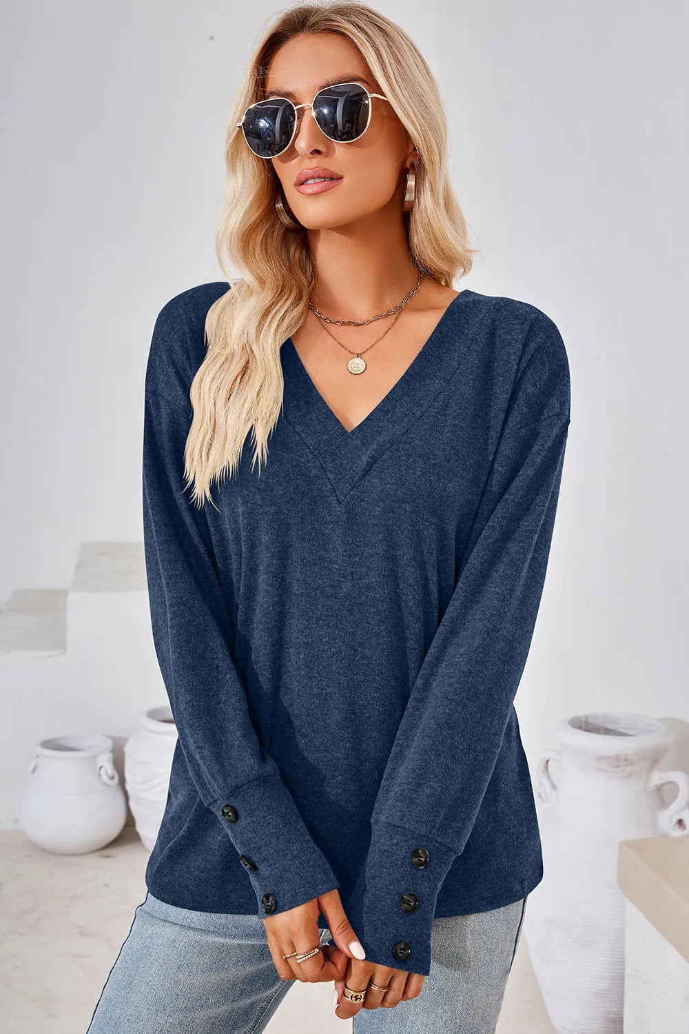 V-Neck Dropped Shoulder T-Shirt - Lilixa.store