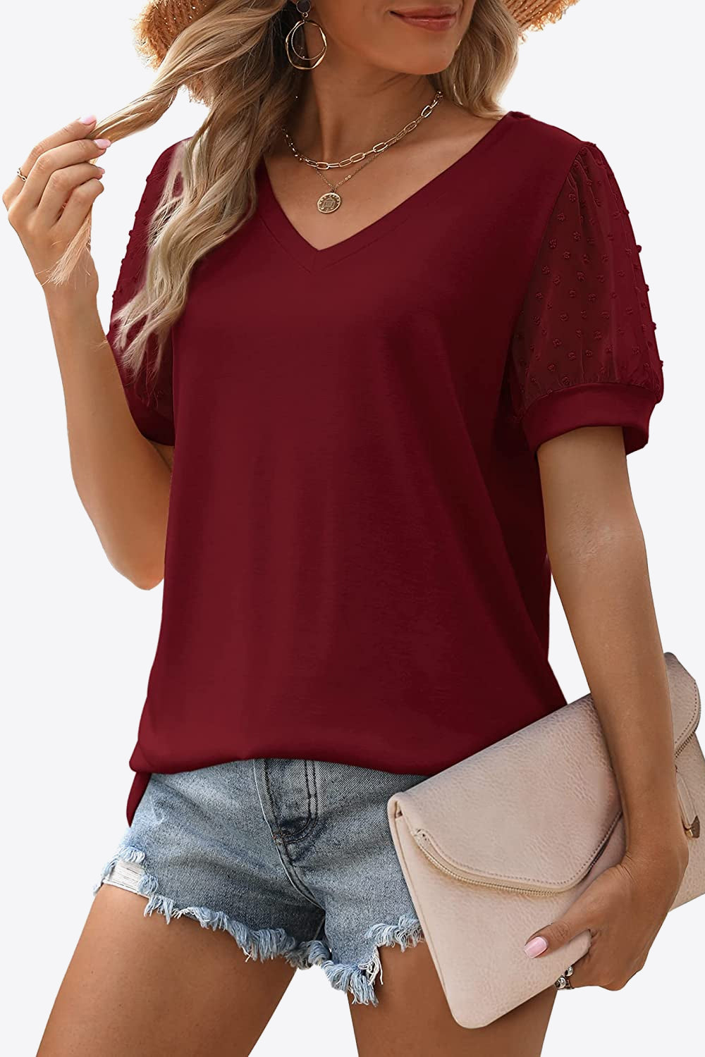 Swiss Dot Puff Sleeve V-Neck Tee - Lilixa.store